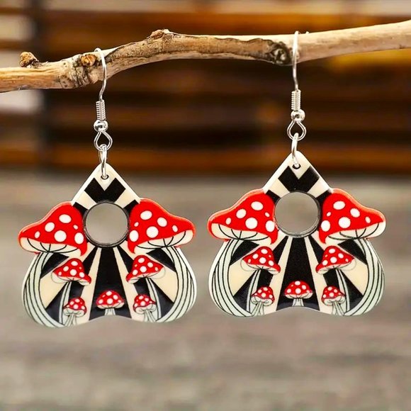 Mushroom Dangle Earrings Groovy Red Polka Dots Boho Hippie Core GIFT Trippy - Picture 1 of 3